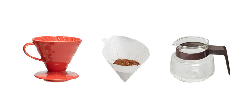 High quality PNG set of equipment for alternative coffee brewing method a paper filter, red ceramic funnel and glass coffee server. Isolated image on a transparent background