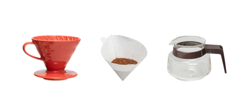 High quality PNG set of equipment for alternative coffee brewing method a paper filter, red ceramic funnel and glass coffee server. Isolated image on a transparent background