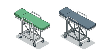 Isometric hospital gurneys: green and blue medical stretchers with wheels