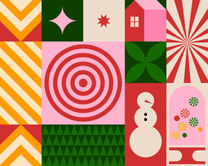 Geometric Christmas and New Year Advent Calendar. Minimal Abstract Holiday Backgrounds with Simple Shapes and Festive Colors. Modern Vector Design with Sweets, Snowman, and Cozy House.