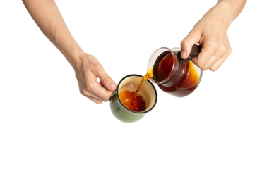 High quality PNG of hands pouring black coffee from a coffee pot into a green ceramic mug. Top view. Isolated image on a transparent background