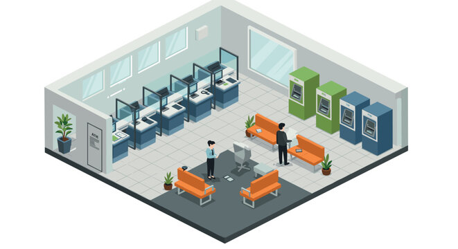 Modern isometric bank interior with atms and waiting area