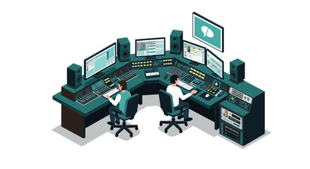 Isometric music studio with sound engineers at mixing console