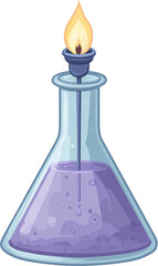A scientific flask with a burning wick, containing a purple liquid