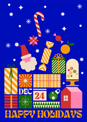 Happy Holidays Vertical Illustration. Geometric Naive New Year Design with Santa Claus, Gifts, and Cozy House. Bold Minimal Christmas Art for Posters, Cards, and Social Media.