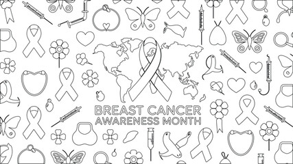 Fototapeta premium Breast Cancer Awareness Month Line Art Ribbons, World Map, Butterflies, and Medical Symbols on White