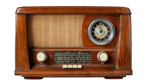 Vintage wooden radio with fabric speaker and dial