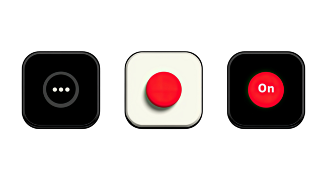 Three dark, rounded squares with icons dots, red circle, red circle