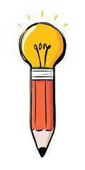 A stylized drawing of a pencil with a glowing lightbulb at its tip
