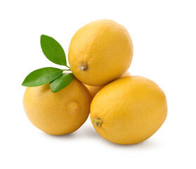 Many whole ripe lemons and leaves isolated on white