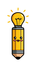 A yellow pencil with a light bulb head and a happy face