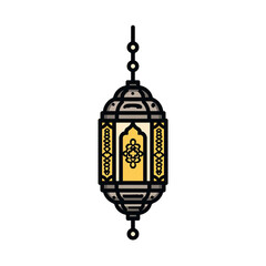 Ornate hanging lantern with intricate pattern and warm glow