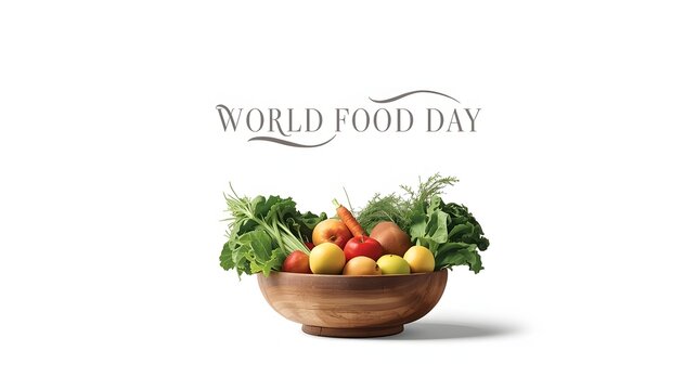 Fruits and vegetables in a bowl with a white background with a World Food Day theme