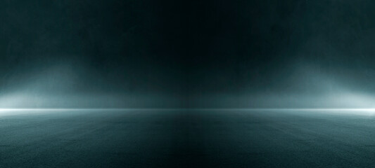 Fototapeta premium Halloween dark blue stage with fog glow neon spotlights, and smoky street floor studio. Abstract futuristic background for concert, product display, banner event design in spooky atmosphere.