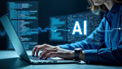 A young Caucasian woman with long brown hair types on a laptop. Digital interface displays AI-related data and code in a dark environment.