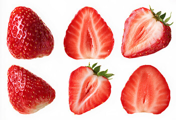 Fresh and Juicy Strawberry Halves and Whole Fruits on White