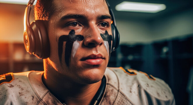 Focused American football player with headphones wearing war paint, gazing intently during a break in training, conveying determination and intensity.