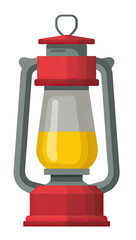 Vintage kerosene lantern with red top and base, glass reservoir