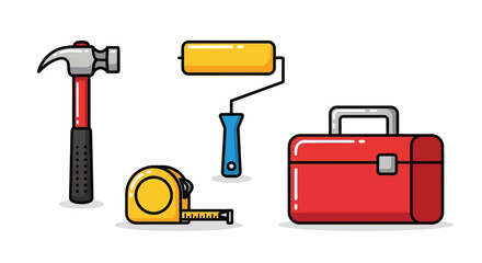 Collection construction and repair tools including hammer, tape measure, paint roller, and toolbox
