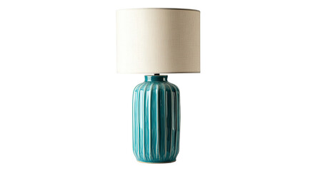 A turquoise fluted ceramic table lamp with a cream fabric shade