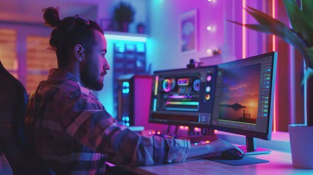 Man editing a sunset photo on his computer in a room with neon lights at night - Powered by Adobe