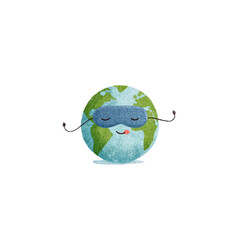 A sleepy Earth character wearing a sleep mask, tongue out, arms up