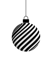 A 3D sphere with black and white diagonal stripes on a black background