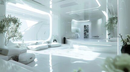 Futuristic living room interior with white walls, furniture and plants in a modern design style