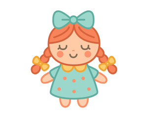 Cute character logo with orange-haired girl in turquoise dress and mint bow, pastel vector illustration for kids boutique, baby clothing fashion brand or children store identity