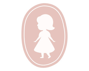 Minimal pastel cameo logo with white silhouette of girl in dress on dusty pink oval background, elegant vector illustration for baby boutique, children fashion or girls clothing identity