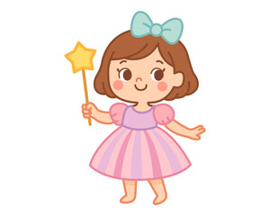 Adorable fairy girl logo holding magic star wand, dressed in pink skirt and mint bow, cute vector illustration for children boutique, baby clothing fashion brand or girly store identity