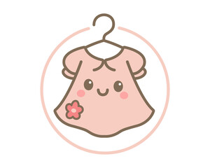 Adorable pink dress logo with cute kawaii face and flower accent, circular pastel vector illustration for kids boutique, baby clothing store or children fashion brand identity