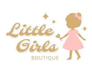 Elegant pastel logo with silhouette girl in pink dress and gold lettering Little Girls Boutique, graceful vector illustration for children fashion, baby brand or clothing store identity