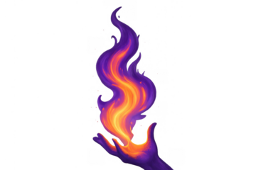 Hand casting purple and orange fire spell, magical flame rising from open palm, fantasy power element