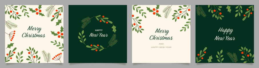 Christmas new year greeting cards. Set of posters with leaves, branches and berries.