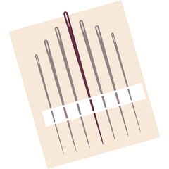 Sewing needles in a row on a light peach background with a dark purple needle highlighted for sewing and tailoring projects