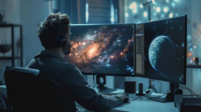 Man working on computer with space exploration software, creating digital art of galaxy and planets