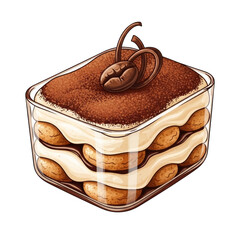 Tiramisu dessert in glass dish isolated on a transparent background