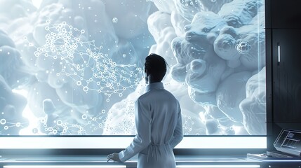 Female scientist in white coat analyzing data on a large screen in a futuristic laboratory setting
