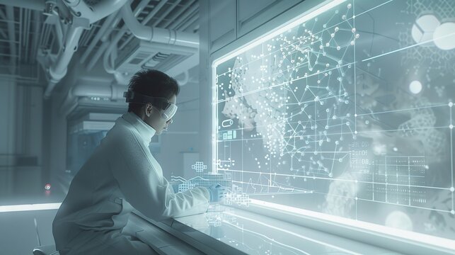 Female scientist working with data on a large screen in a modern laboratory with advanced technology