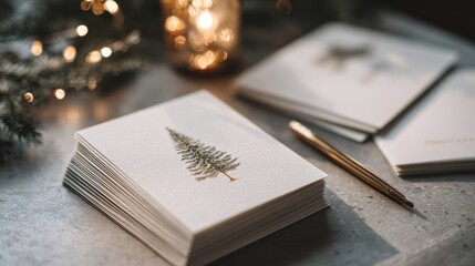 Elegant holiday card design with christmas tree and candlelight ambiance