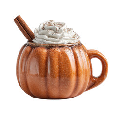 Pumpkin-shaped mug filled with creamy whipped topping and cinnamon stick
