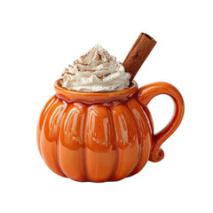 Cozy pumpkin mug filled with whipped cream and cinnamon stick