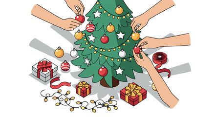 Festive holiday scene with christmas tree decorating and gift wrapping