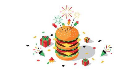 Festive burger celebration with fireworks and gifts in isometric style