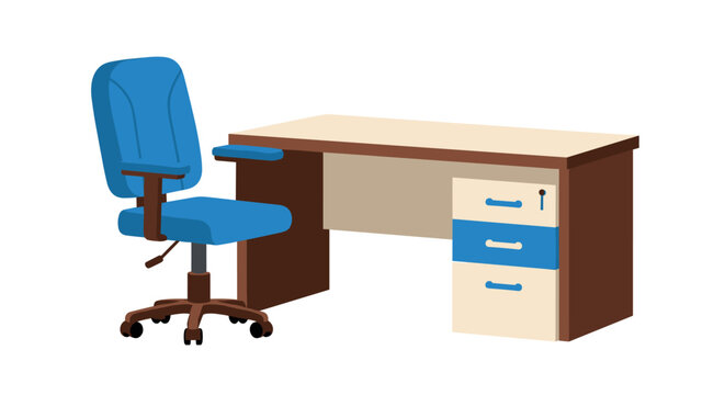 Modern office desk and chair set with blue accents for workspace decor