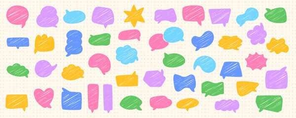 Colorful vector crayon speech bubbles set in pastel color. Textured vector shapes ideal for kids design, chat decoration, and social media elements.
