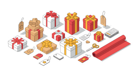 Isometric gift wrapping scene with colorful presents and decorative elements