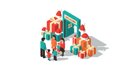 Festive holiday shopping scene with family and christmas gifts in isometric style
