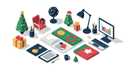 Christmas office decor isometric scene with gifts and festive elements